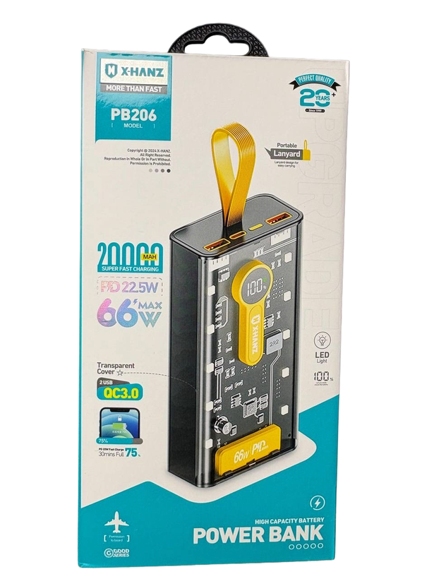 پاوربانک ۶۶ وات ۲۰۰۰۰ میلی امپر ایکس هانز مدل X-hanz PB-206