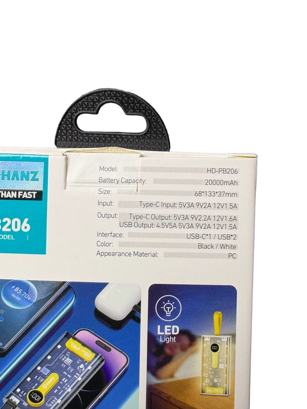 پاوربانک ۶۶ وات ۲۰۰۰۰ میلی امپر ایکس هانز مدل X-hanz PB-206