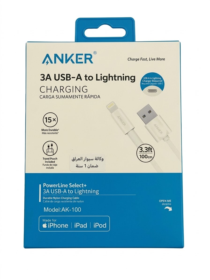 کابل ایفونی انکر 1 متری  اصلی مدل AK-100 USB to Lightning