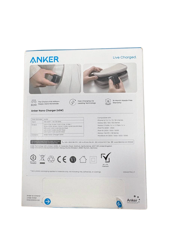 شارژر دیواری انکر مدل Anker A2692 ظرفیت ۴۵ وات تک پورت